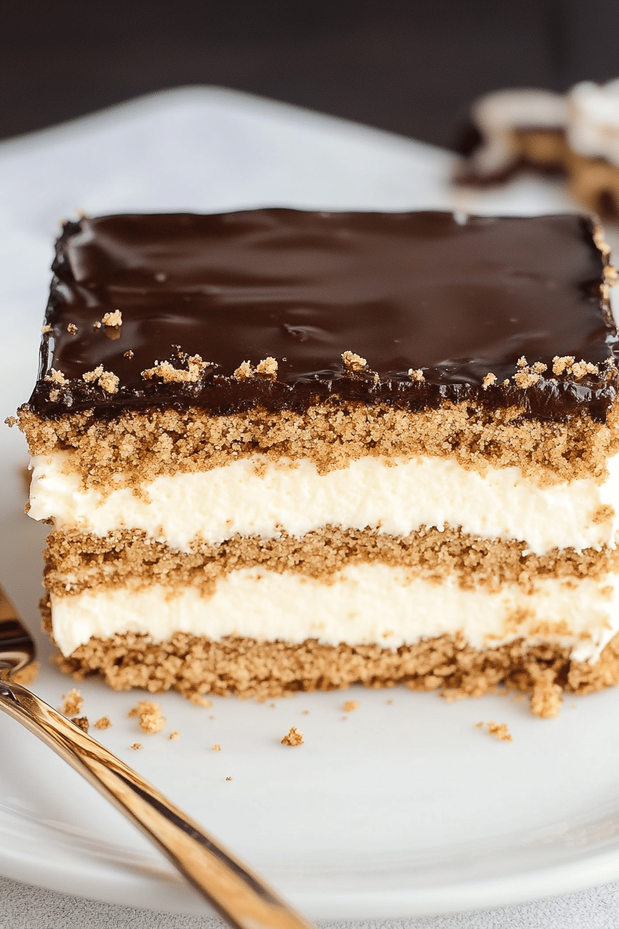 chocolate eclair cake slice on plate showing perfect texture and swirl pattern