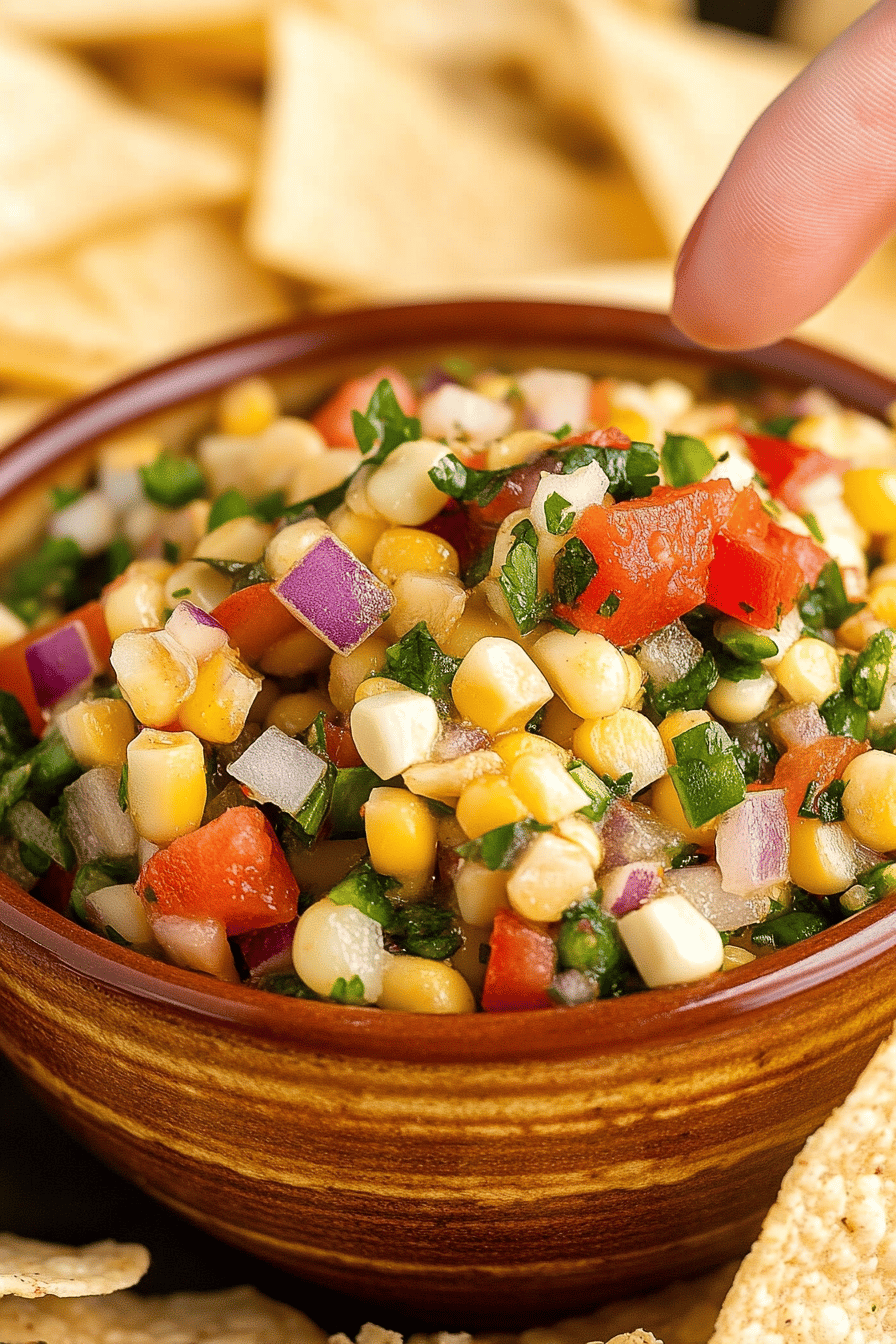 corn salsa slice on plate showing perfect texture and swirl pattern