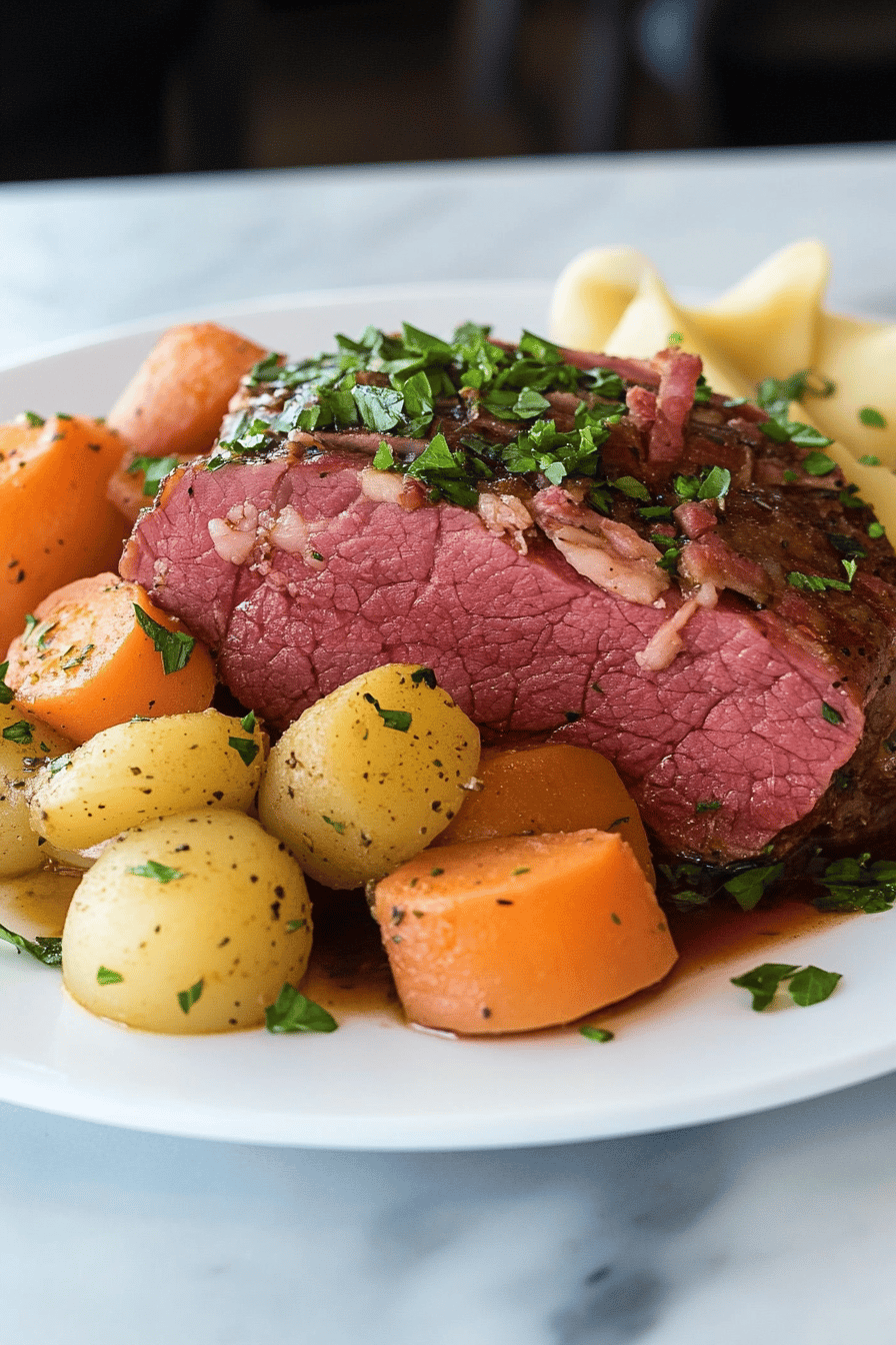 corned beef instant pot slice on plate showing perfect texture and swirl pattern
