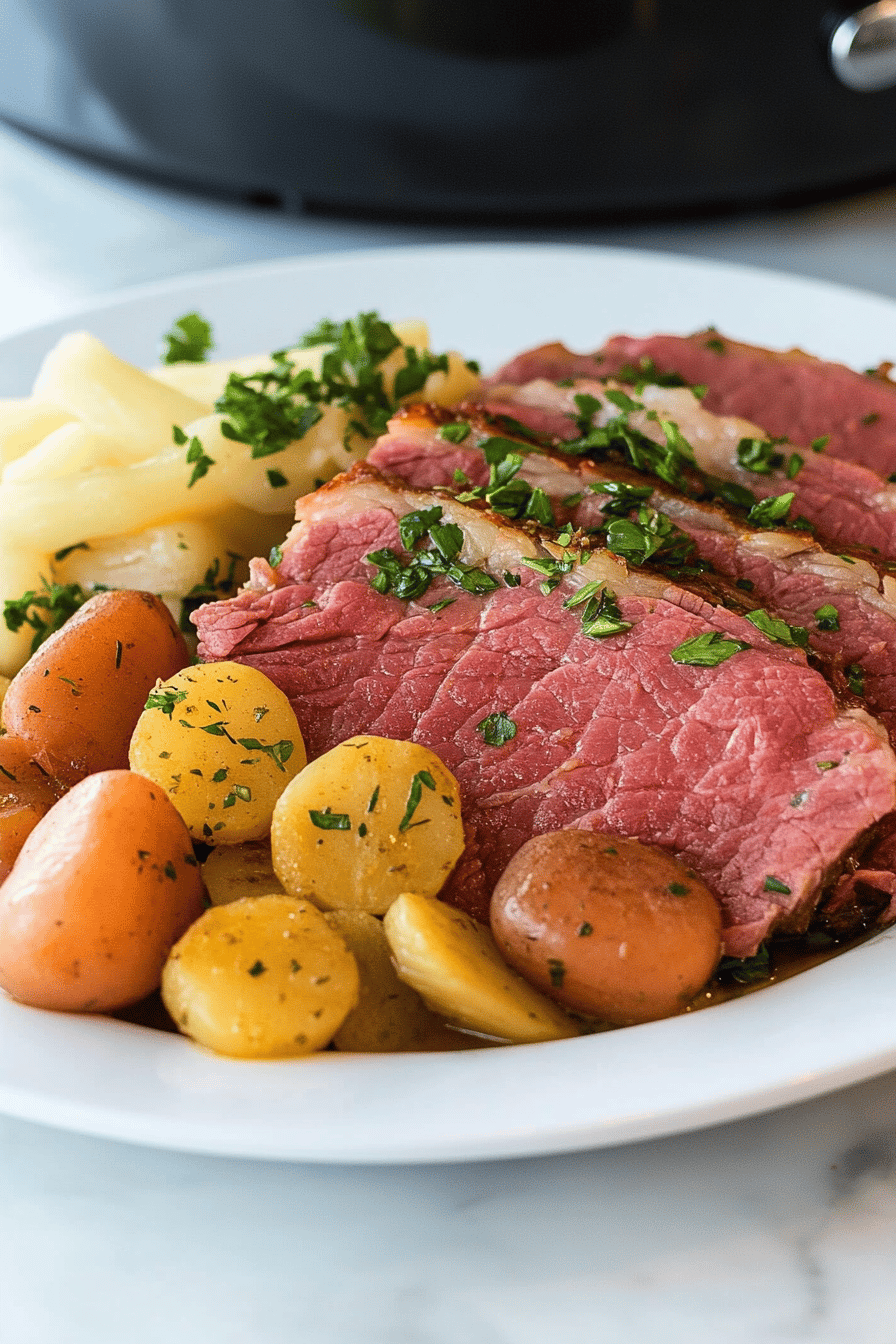 corned beef instant pot slice on plate showing perfect texture and swirl pattern