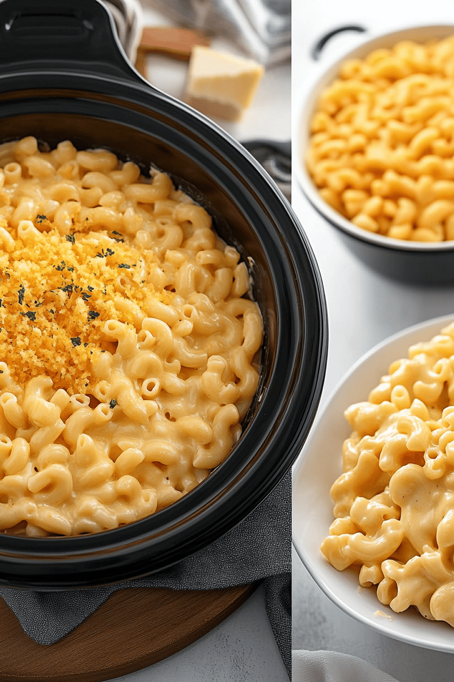 crockpot mac and cheese slice on plate showing perfect texture and swirl pattern