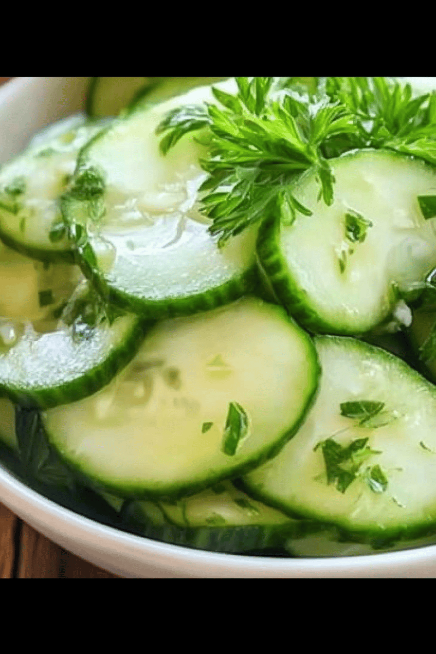 cucumber salad slice on plate showing perfect texture and swirl pattern