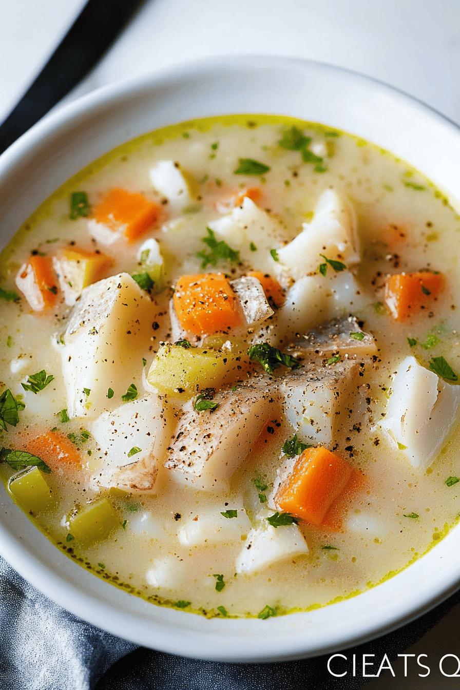 fish chowder slice on plate showing perfect texture and swirl pattern