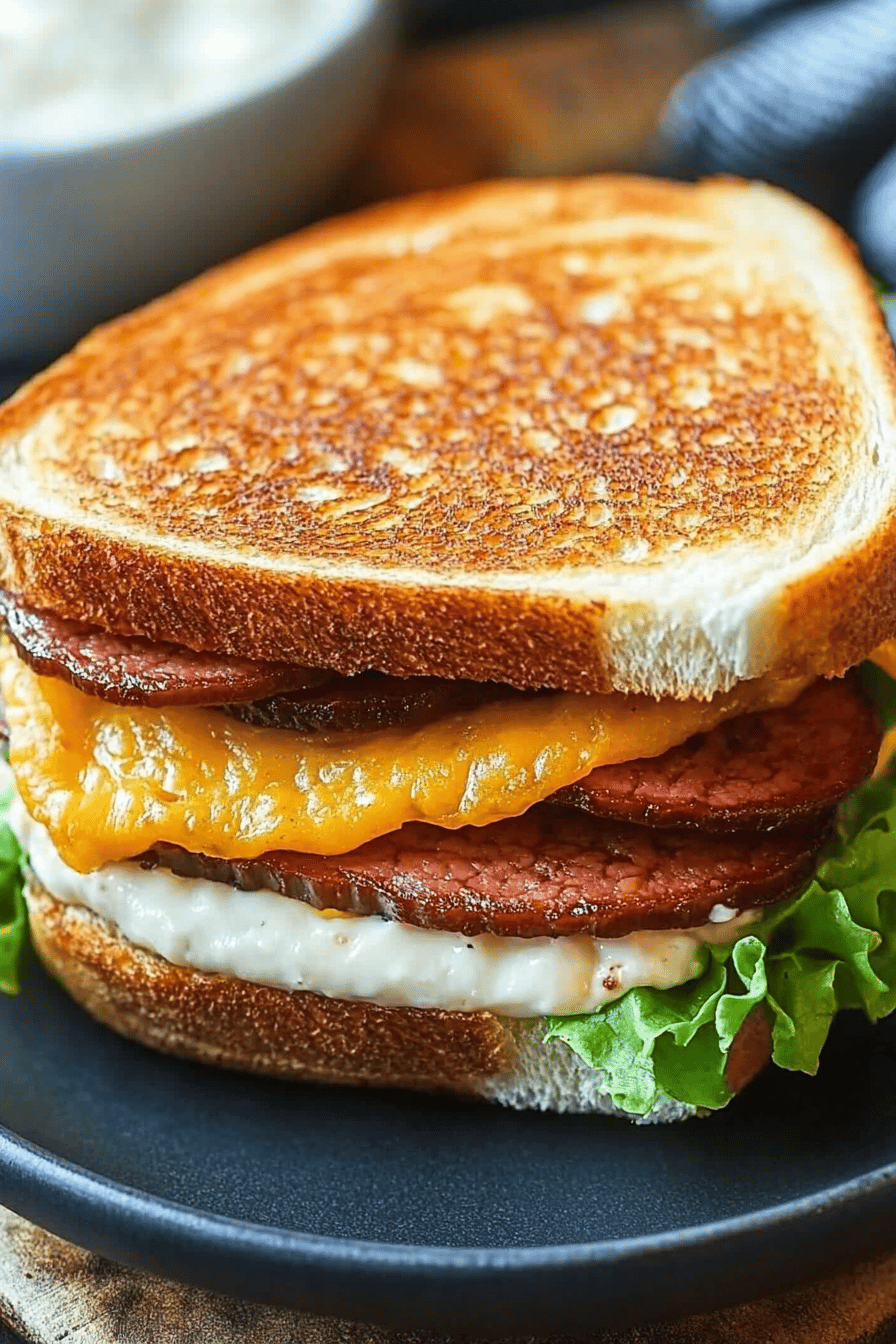 fried bologna sandwich ingredients organized and measured on kitchen counter