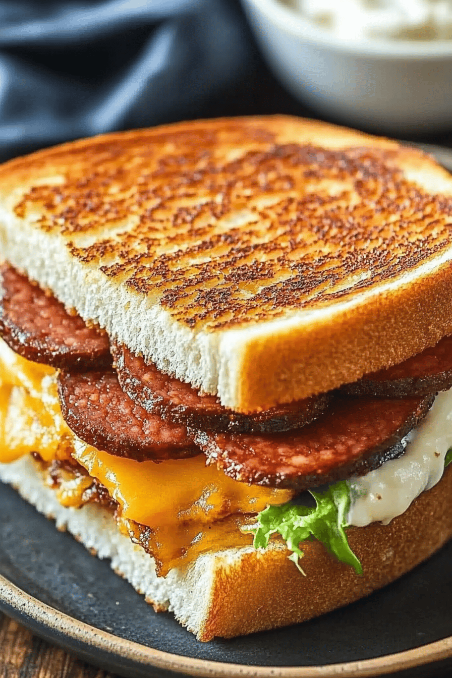 fried bologna sandwich slice on plate showing perfect texture and swirl pattern