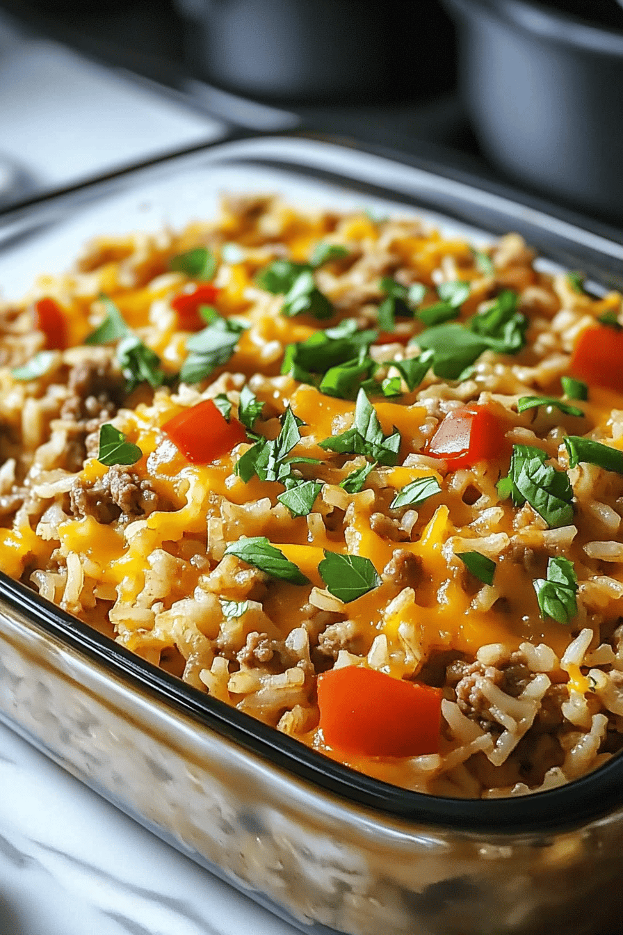 hamburger rice casserole ingredients organized and measured on kitchen counter