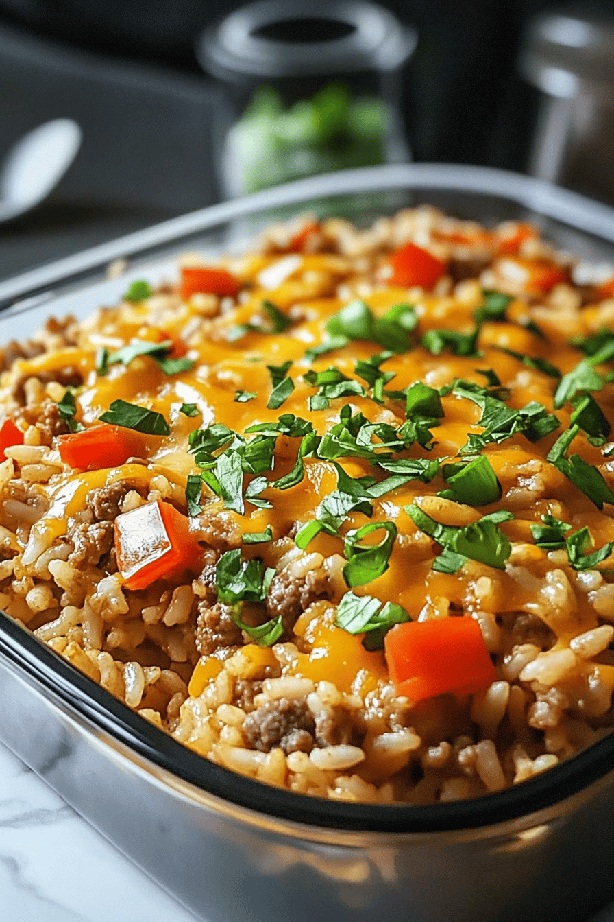 hamburger rice casserole slice on plate showing perfect texture and swirl pattern
