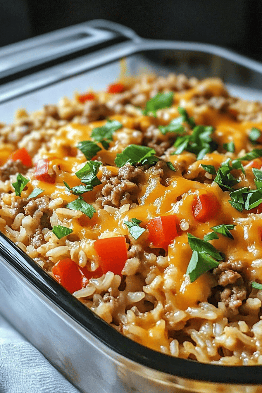 hamburger rice casserole ingredients organized and measured on kitchen counter