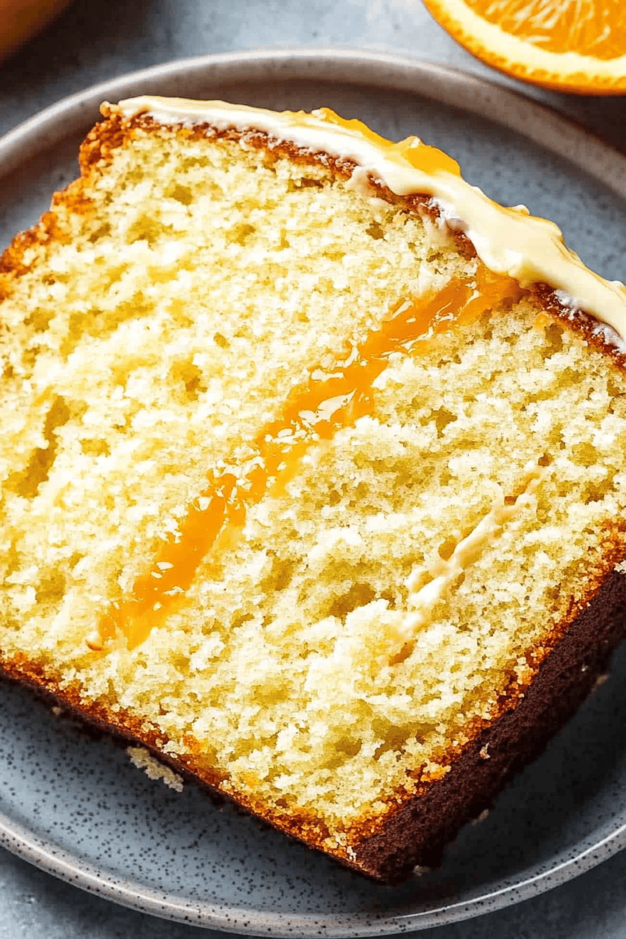 orange cake recipe slice on plate showing perfect texture and swirl pattern
