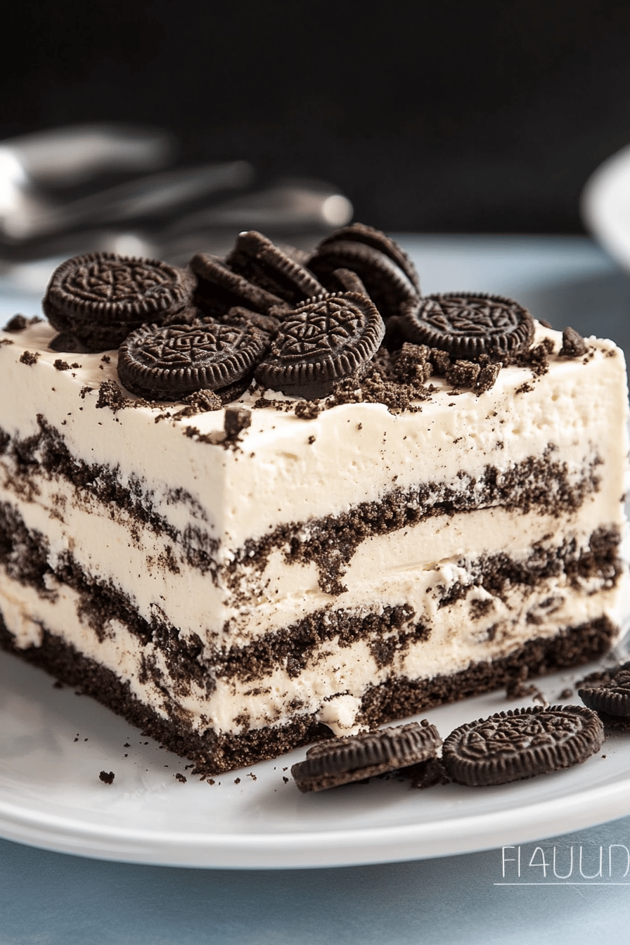 oreo icebox cake slice on plate showing perfect texture and swirl pattern