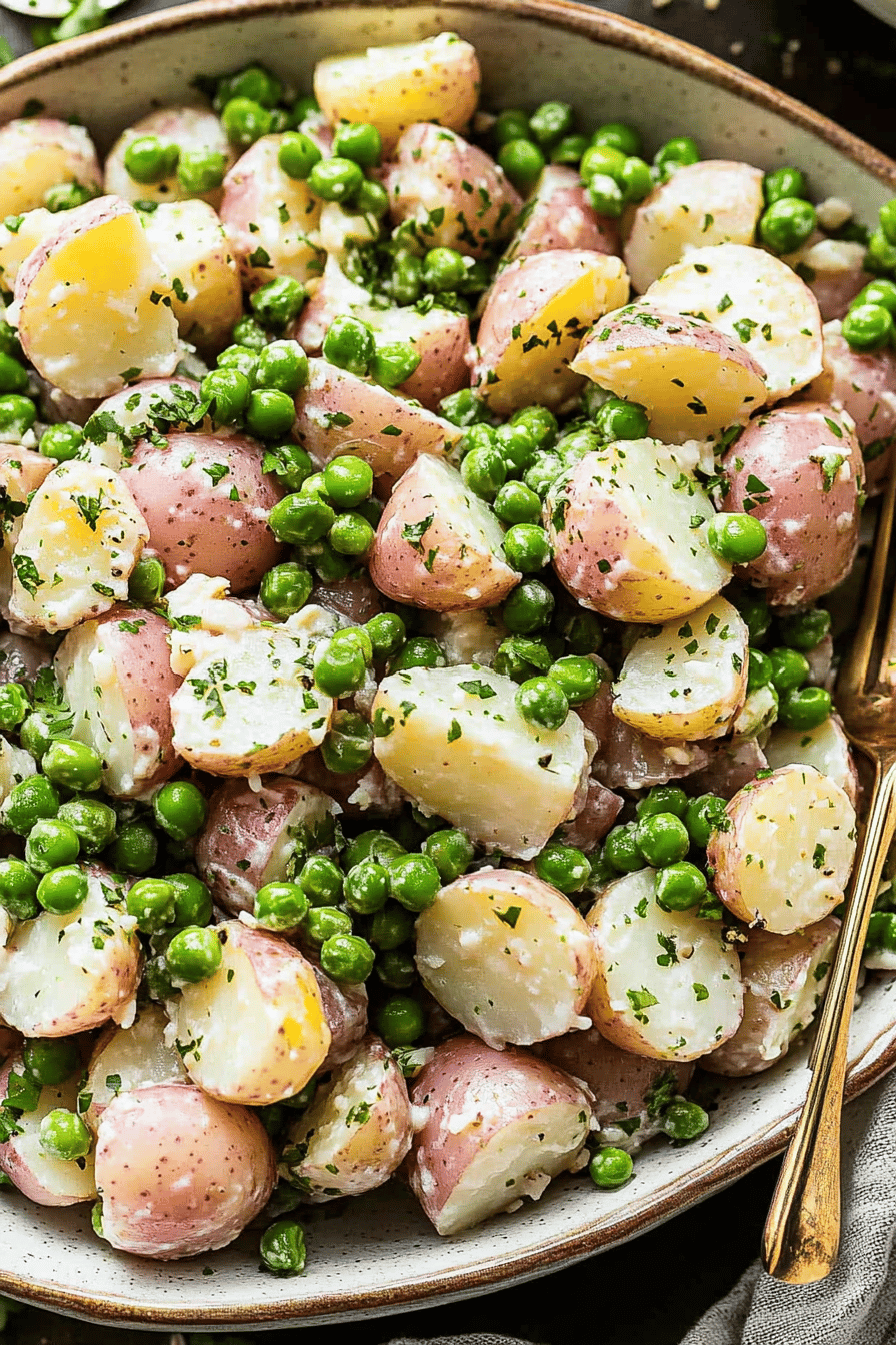 pea potato salad ingredients organized and measured on kitchen counter