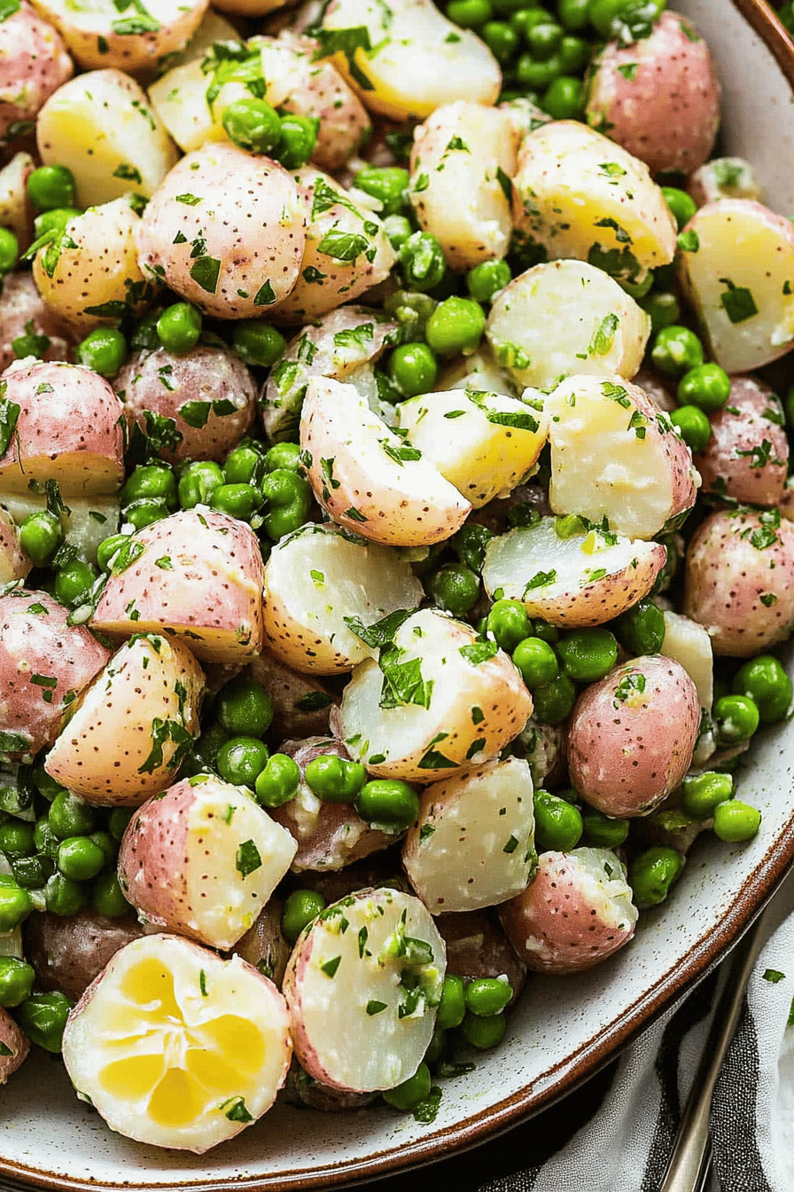 pea potato salad slice on plate showing perfect texture and swirl pattern
