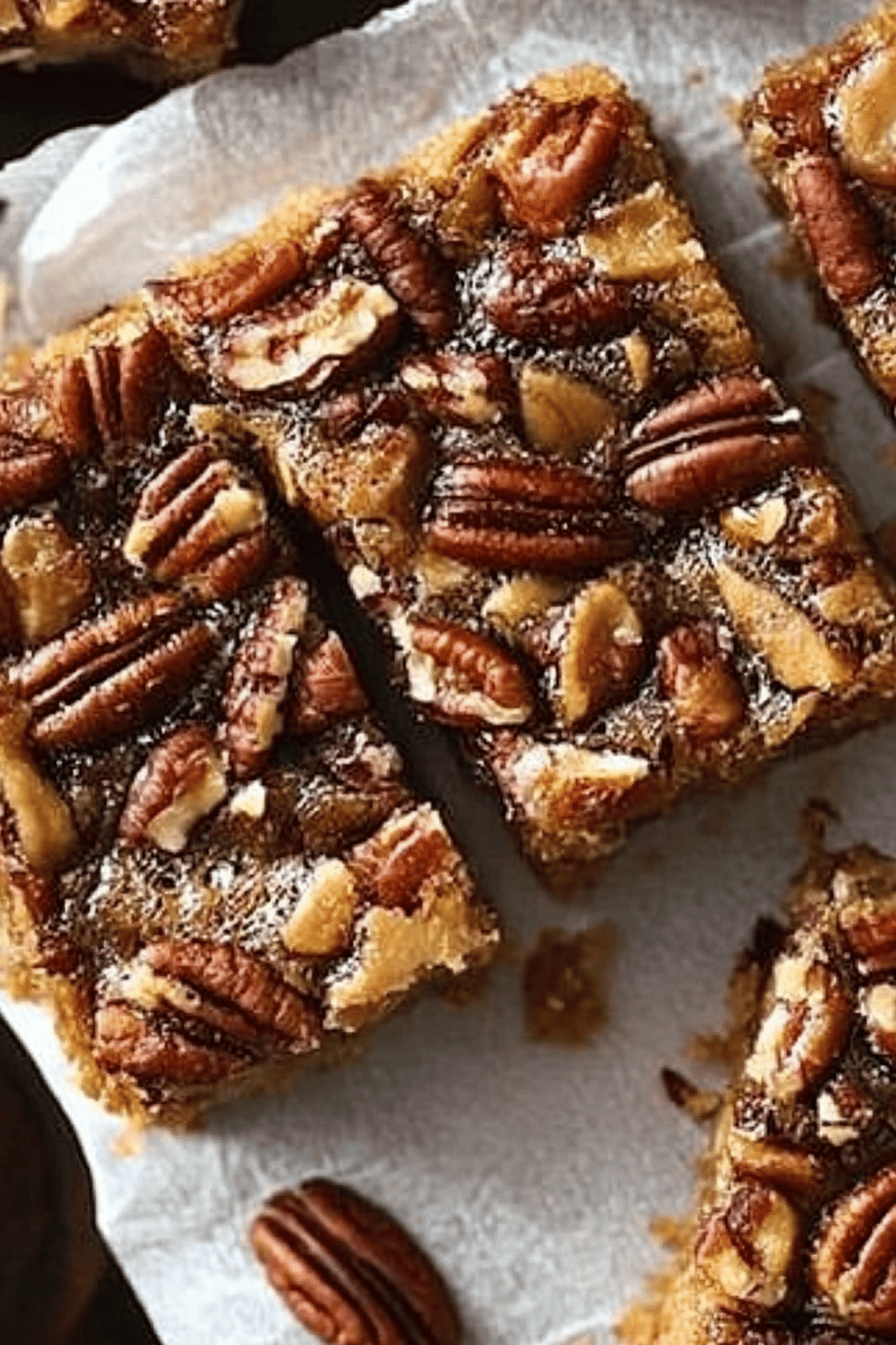 pecan pie bars slice on plate showing perfect texture and swirl pattern