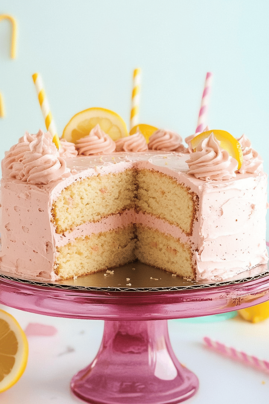 pink lemonade cake slice on plate showing perfect texture and swirl pattern