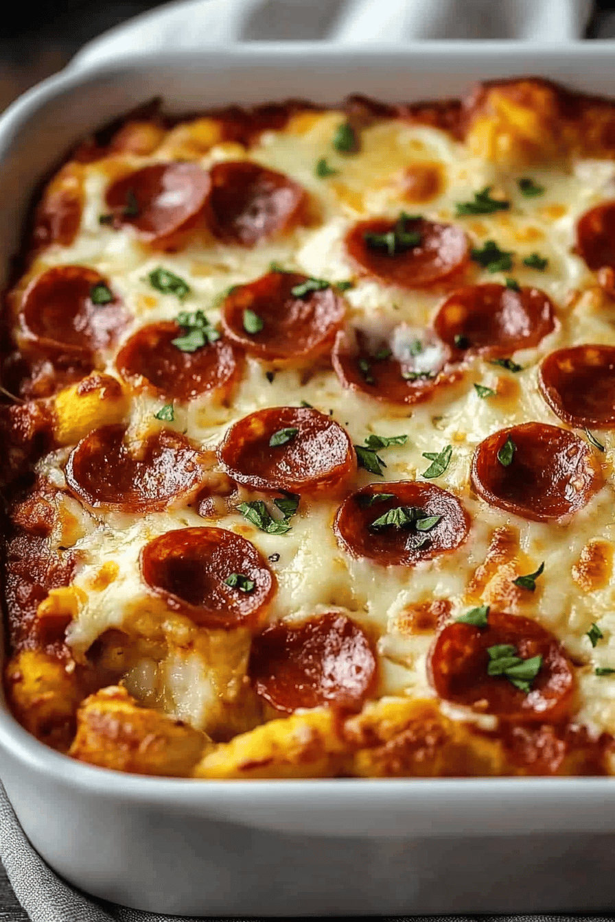 pizza casserole slice on plate showing perfect texture and swirl pattern