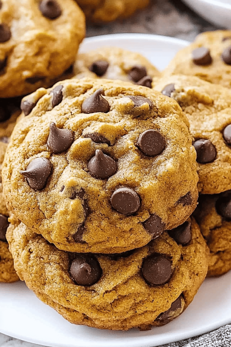 pumpkin chocolate chip cookies slice on plate showing perfect texture and swirl pattern
