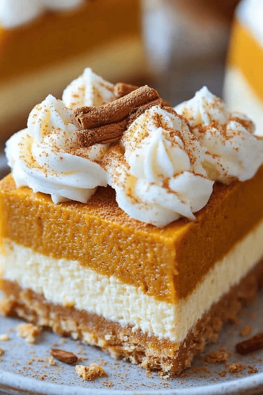 pumpkin pie cheesecake bars slice on plate showing perfect texture and swirl pattern