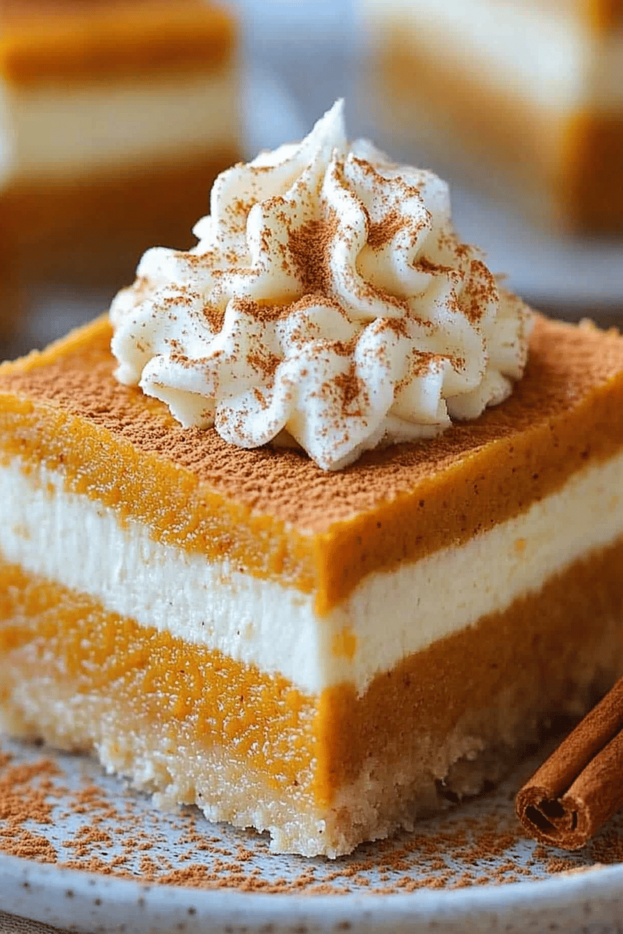 pumpkin pie cheesecake bars slice on plate showing perfect texture and swirl pattern