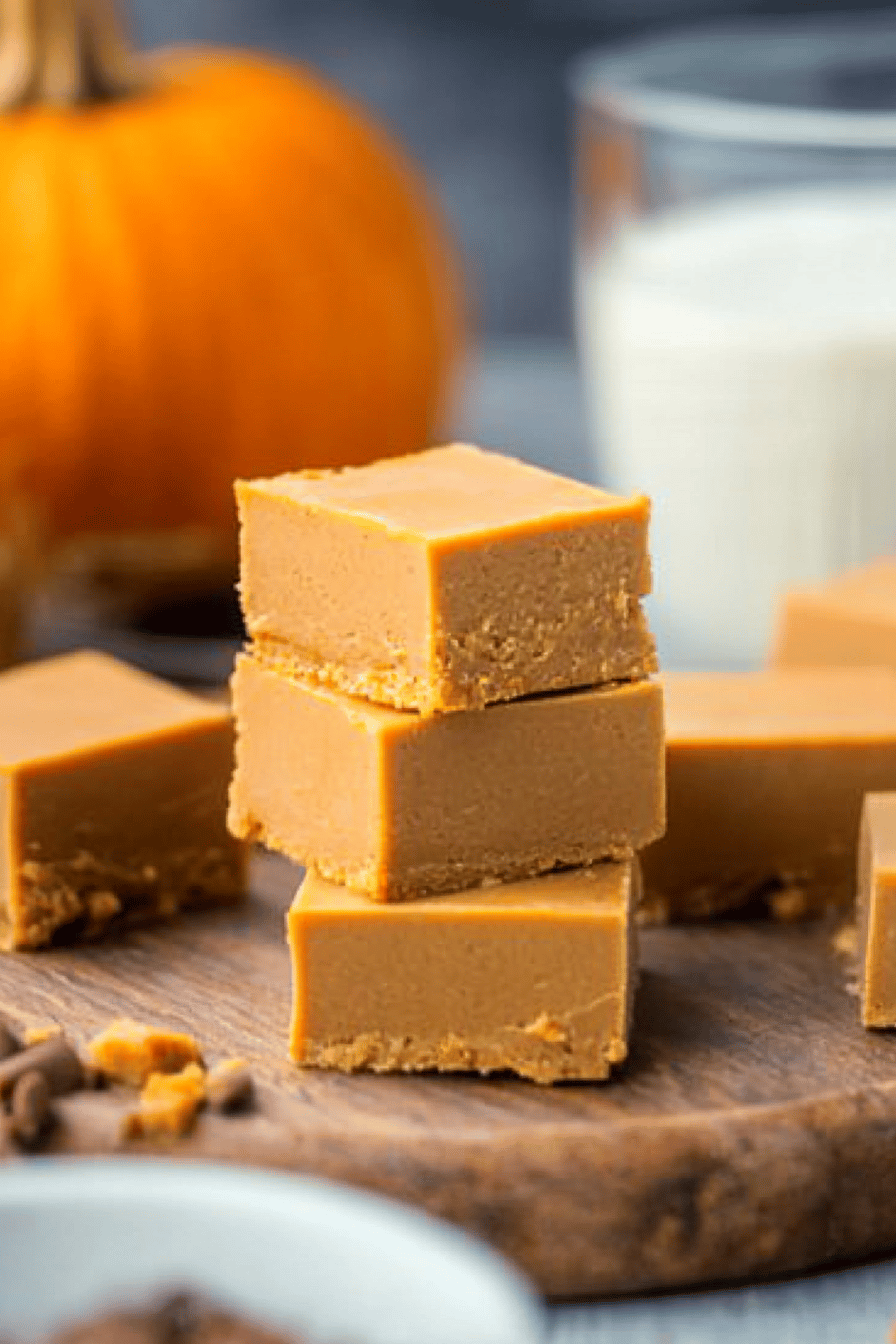 pumpkin pie fudge slice on plate showing perfect texture and swirl pattern