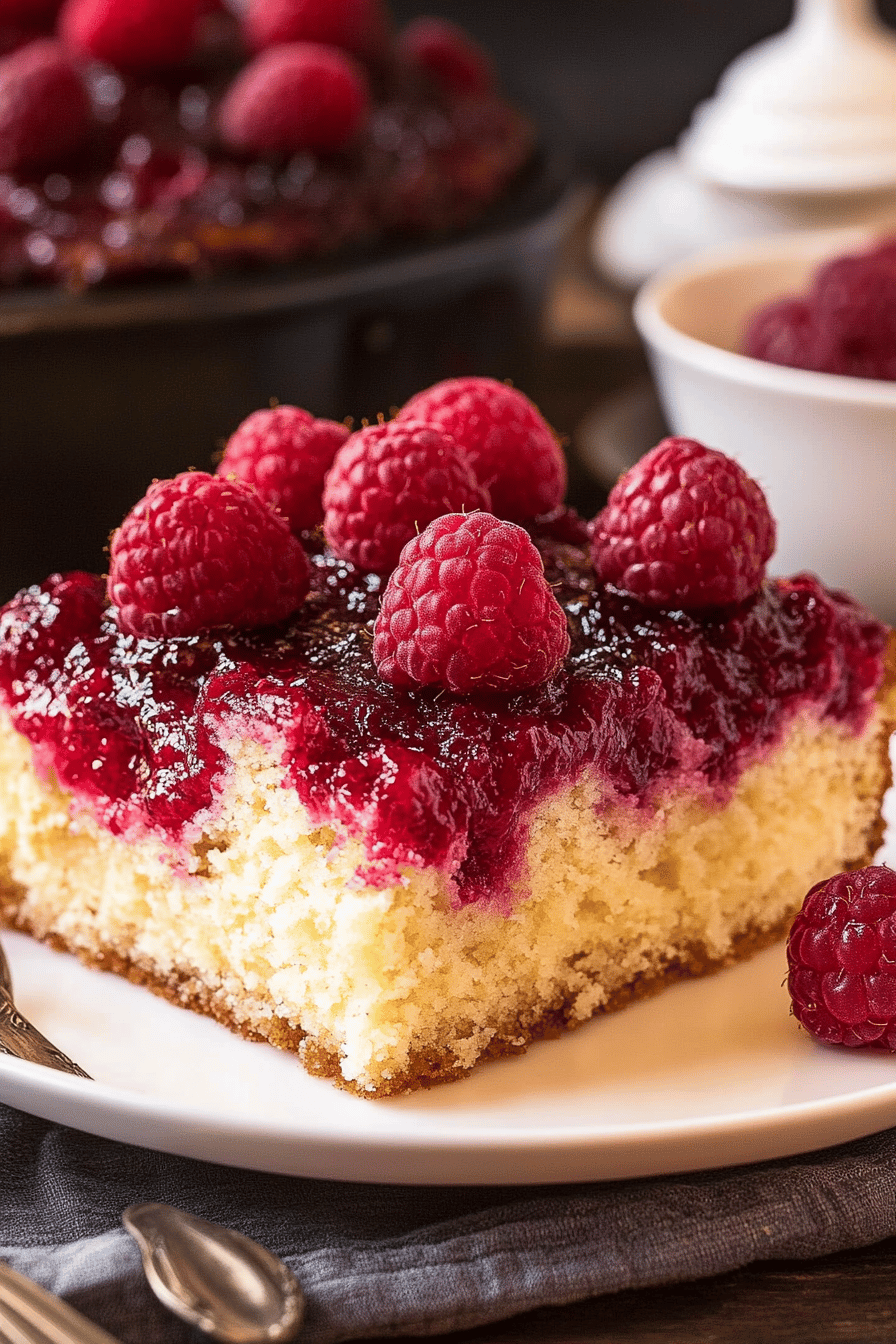 raspberry upside down cake slice on plate showing perfect texture and swirl pattern