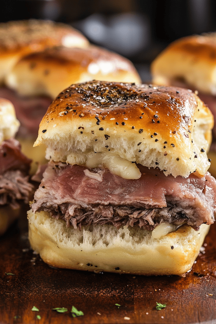 roast beef sliders slice on plate showing perfect texture and swirl pattern