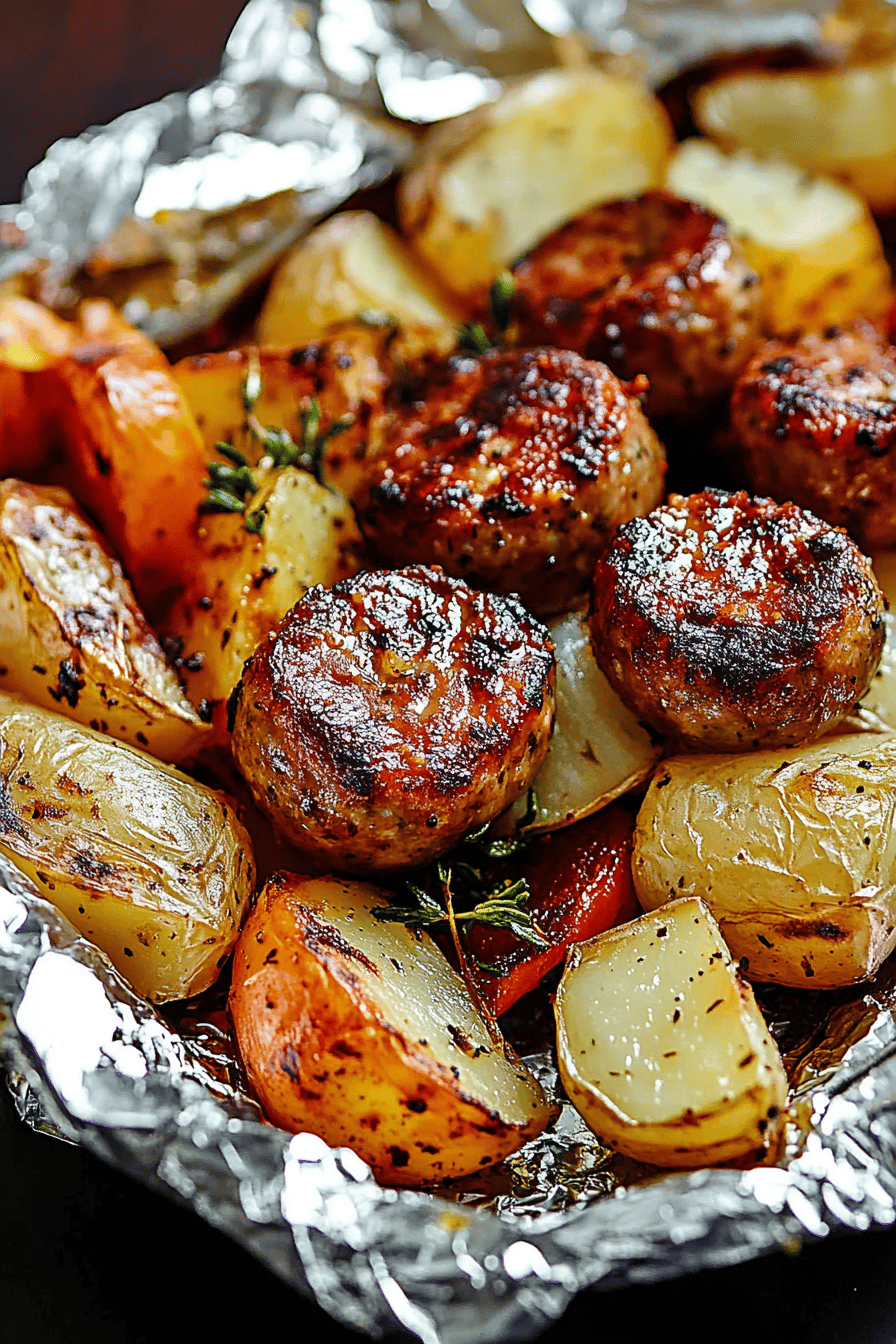 sausage potato foil packet ingredients organized and measured on kitchen counter