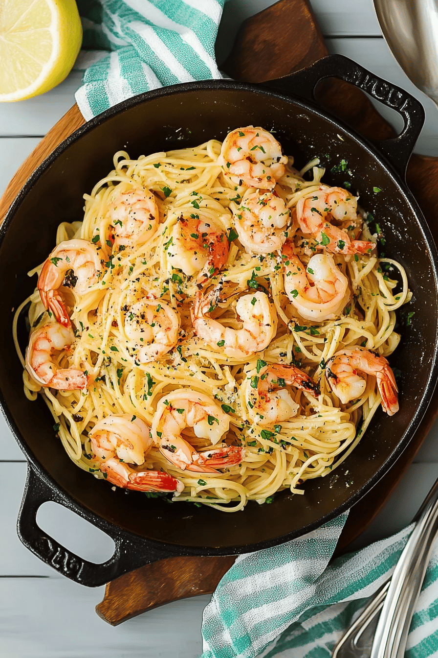 shrimp scampi pasta ingredients organized and measured on kitchen counter