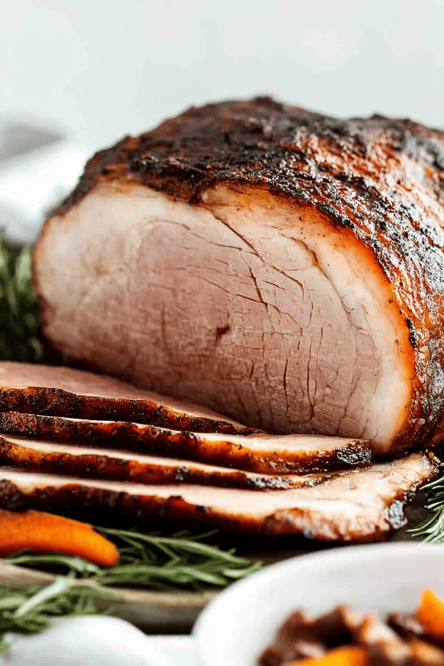 smoked ham recipe slice on plate showing perfect texture and swirl pattern