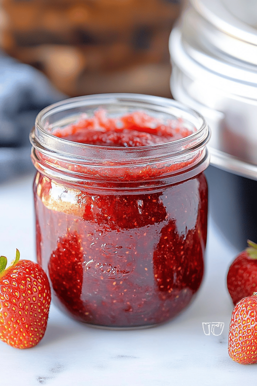 strawberry jam ingredients organized and measured on kitchen counter