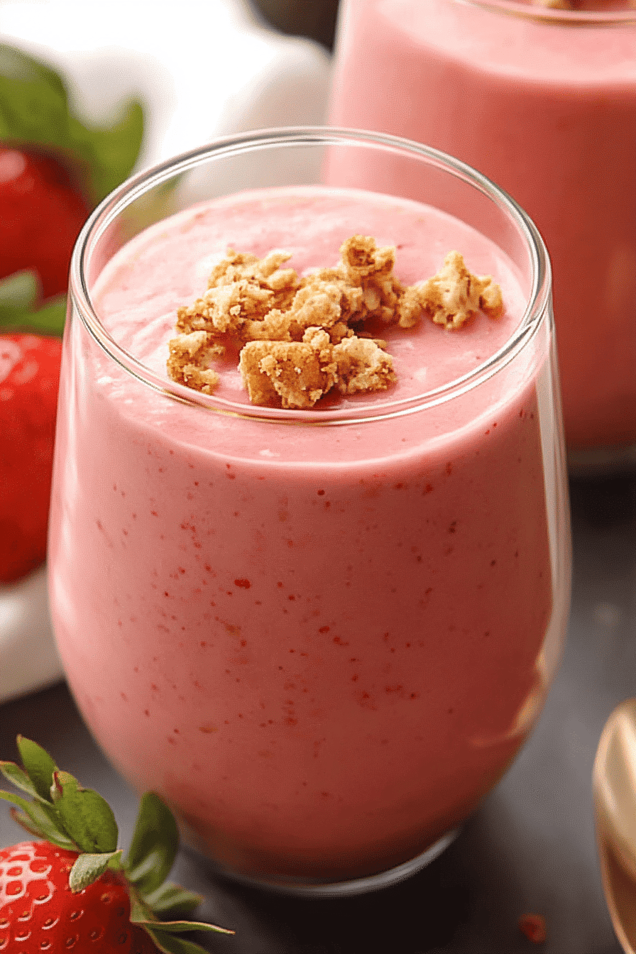 strawberry smoothie slice on plate showing perfect texture and swirl pattern