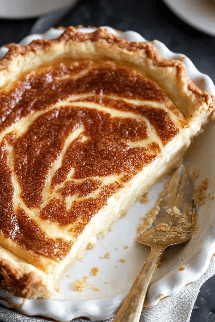 sugar cream pie slice on plate showing perfect texture and swirl pattern