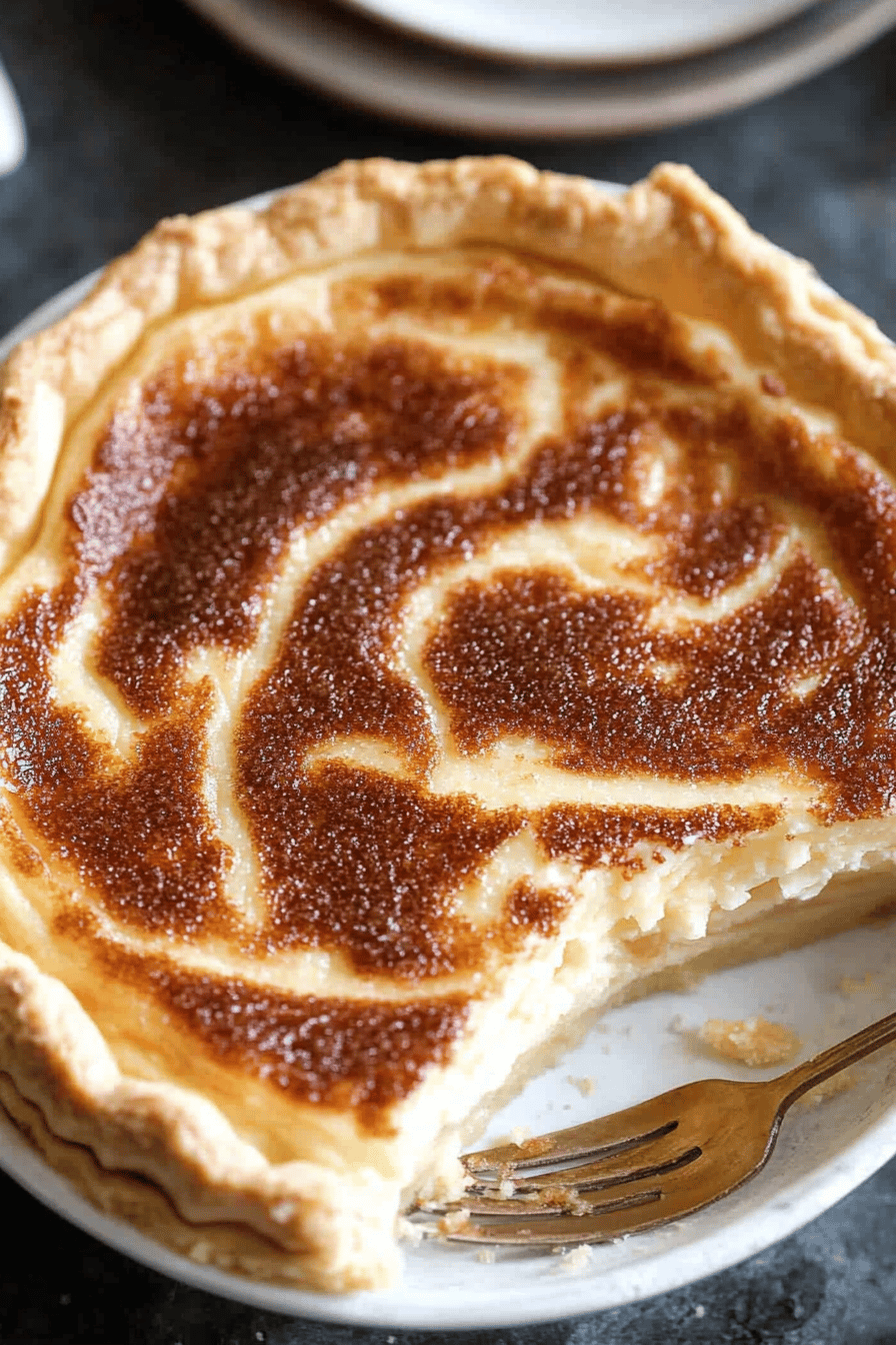 sugar cream pie slice on plate showing perfect texture and swirl pattern