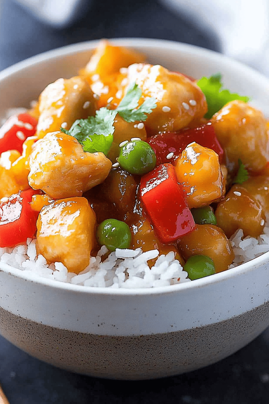 sweet and sour chicken slice on plate showing perfect texture and swirl pattern