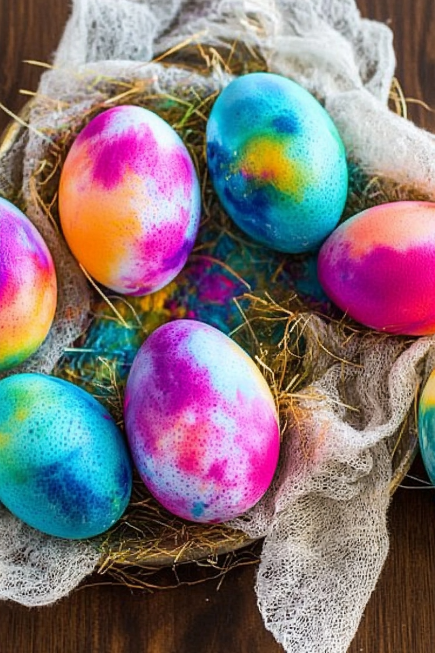 tie dye easter eggs slice on plate showing perfect texture and swirl pattern