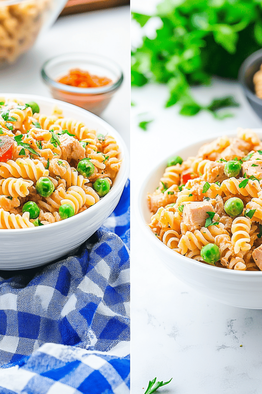 tuna pasta salad slice on plate showing perfect texture and swirl pattern