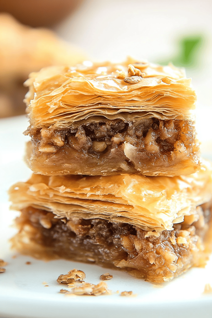 Baklava recipe slice on plate showing perfect texture and swirl pattern