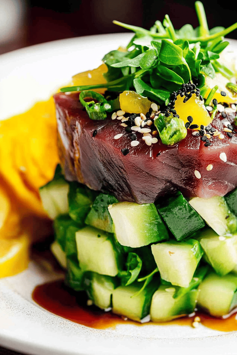 Bigeye Tuna slice on plate showing perfect texture and swirl pattern