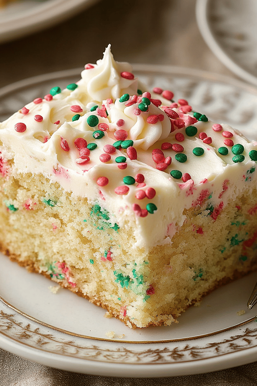 Funfetti sheet cake slice on plate showing perfect texture and swirl pattern