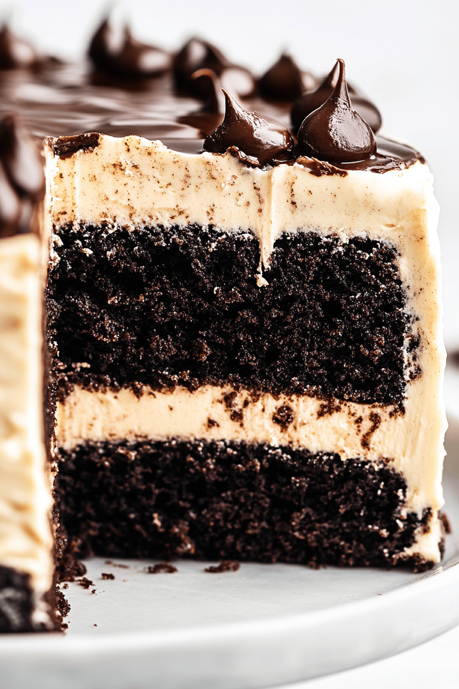 Guinness chocolate cake slice on plate showing perfect texture and swirl pattern