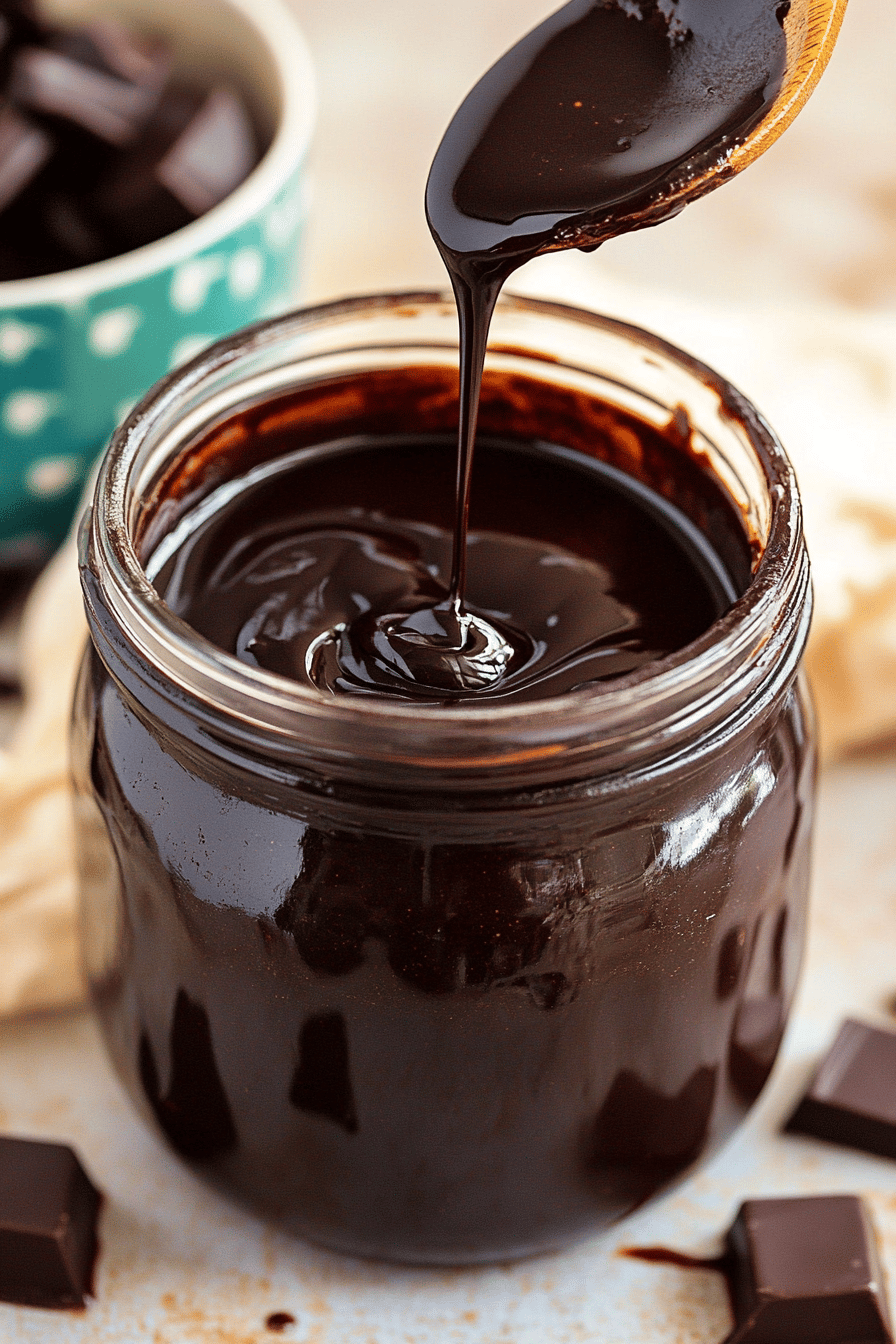 Hot fudge sauce slice on plate showing perfect texture and swirl pattern