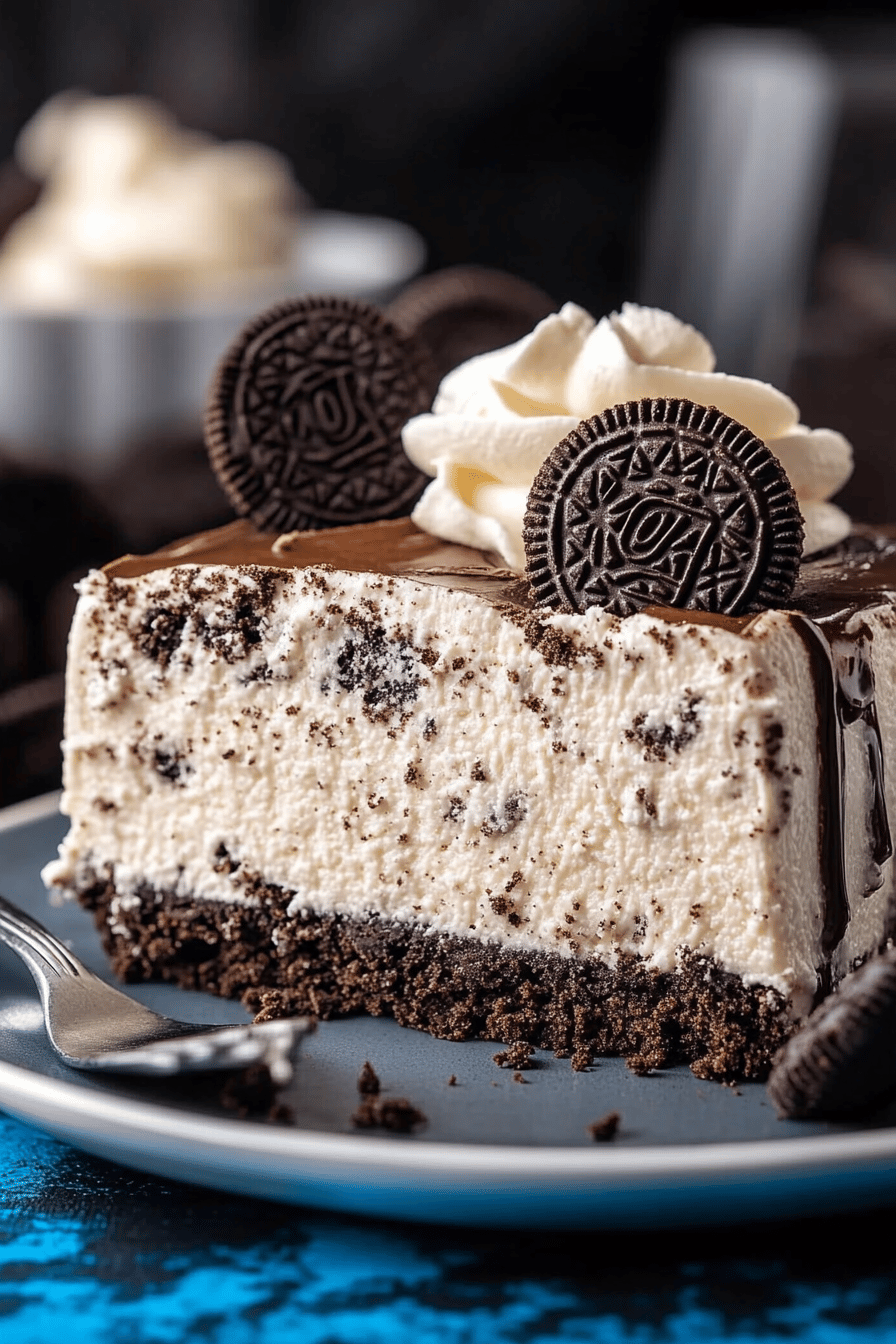 Oreo cheesecake slice on plate showing perfect texture and swirl pattern