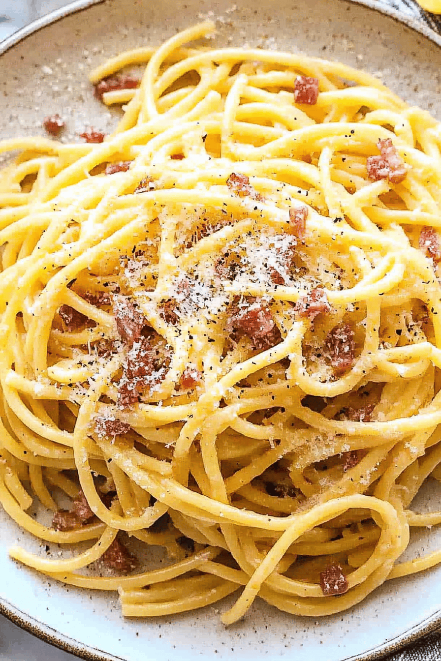Pasta Carbonara slice on plate showing perfect texture and swirl pattern