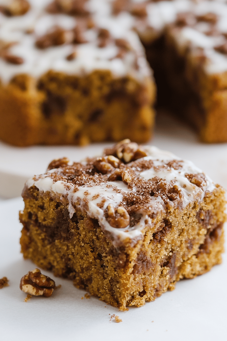Pumpkin spice coffee cake slice on plate showing perfect texture and swirl pattern