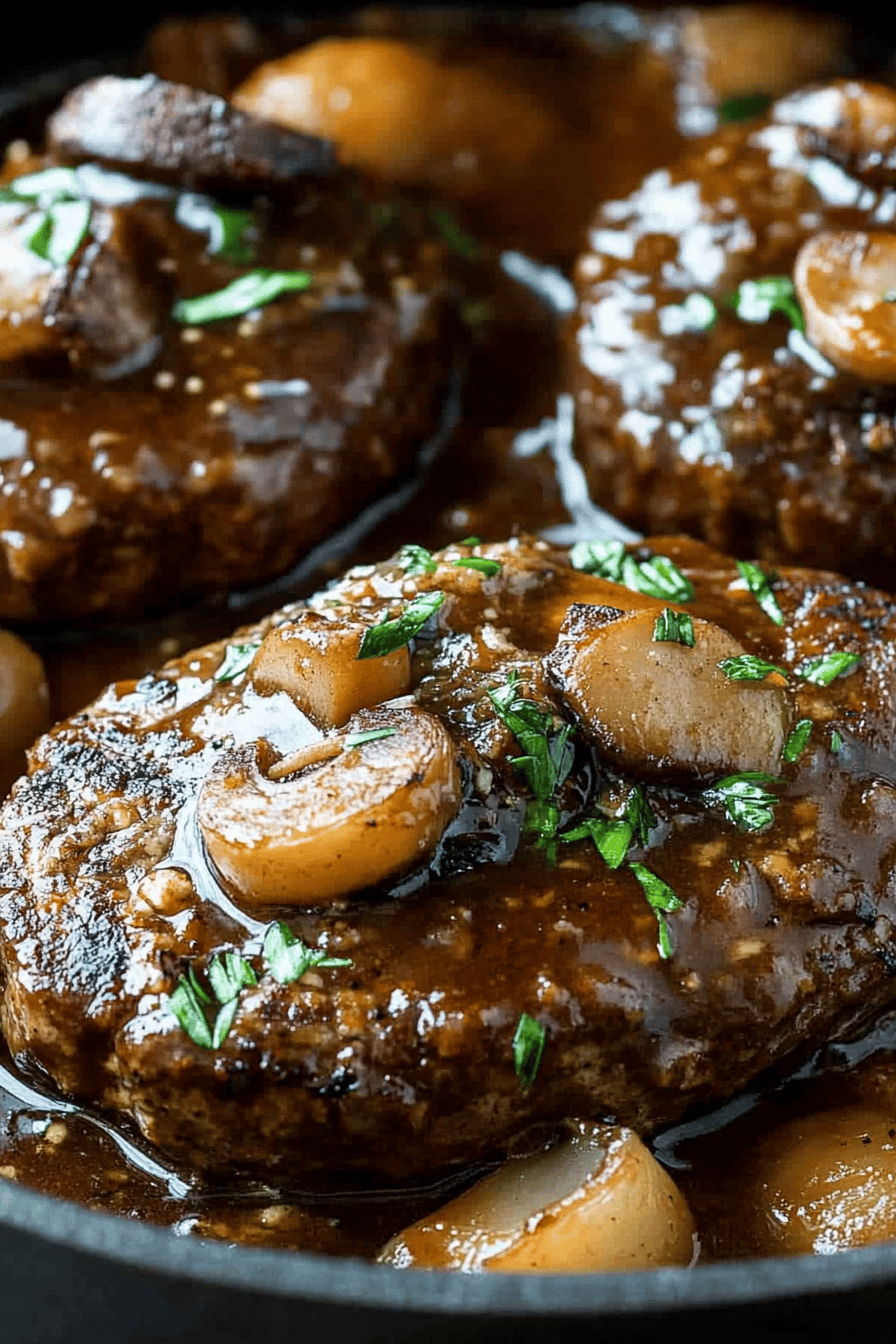 Salisbury steak slice on plate showing perfect texture and swirl pattern