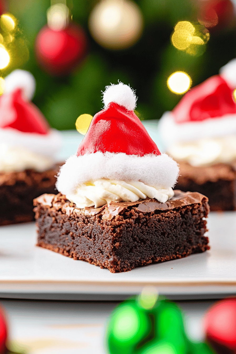 Santa hat brownies slice on plate showing perfect texture and swirl pattern