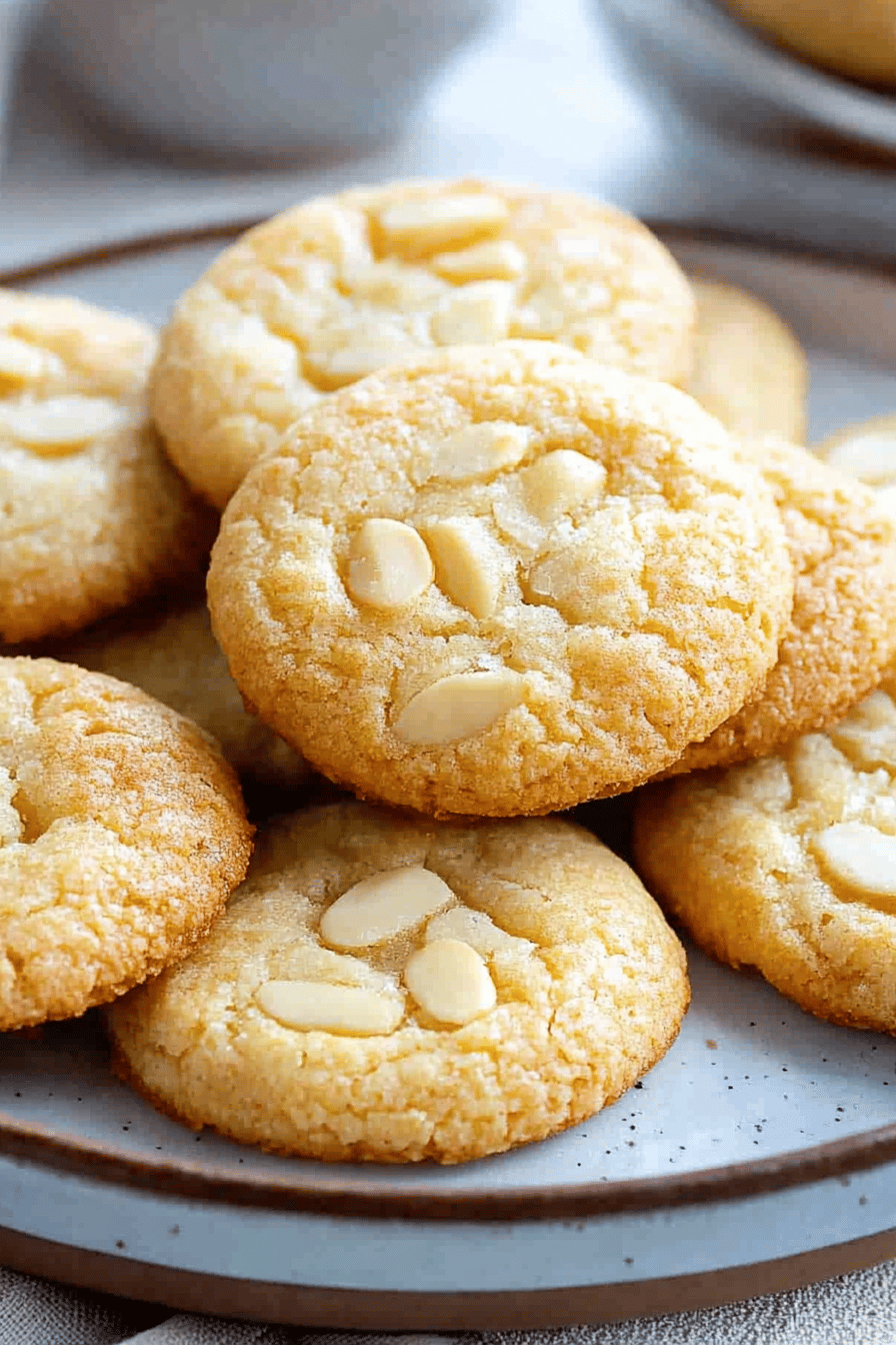almond cookies slice on plate showing perfect texture and swirl pattern