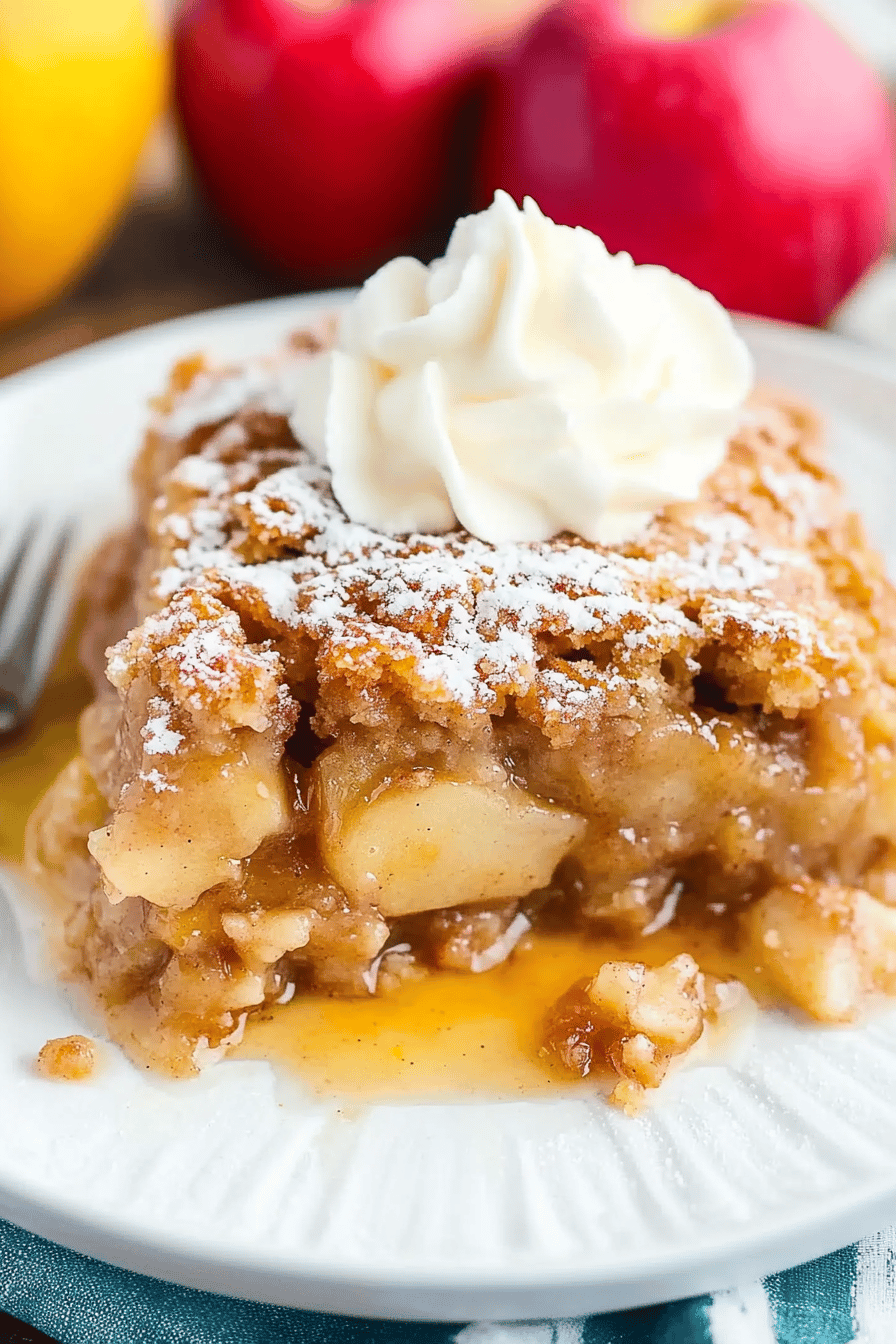 apple dump cake slice on plate showing perfect texture and swirl pattern