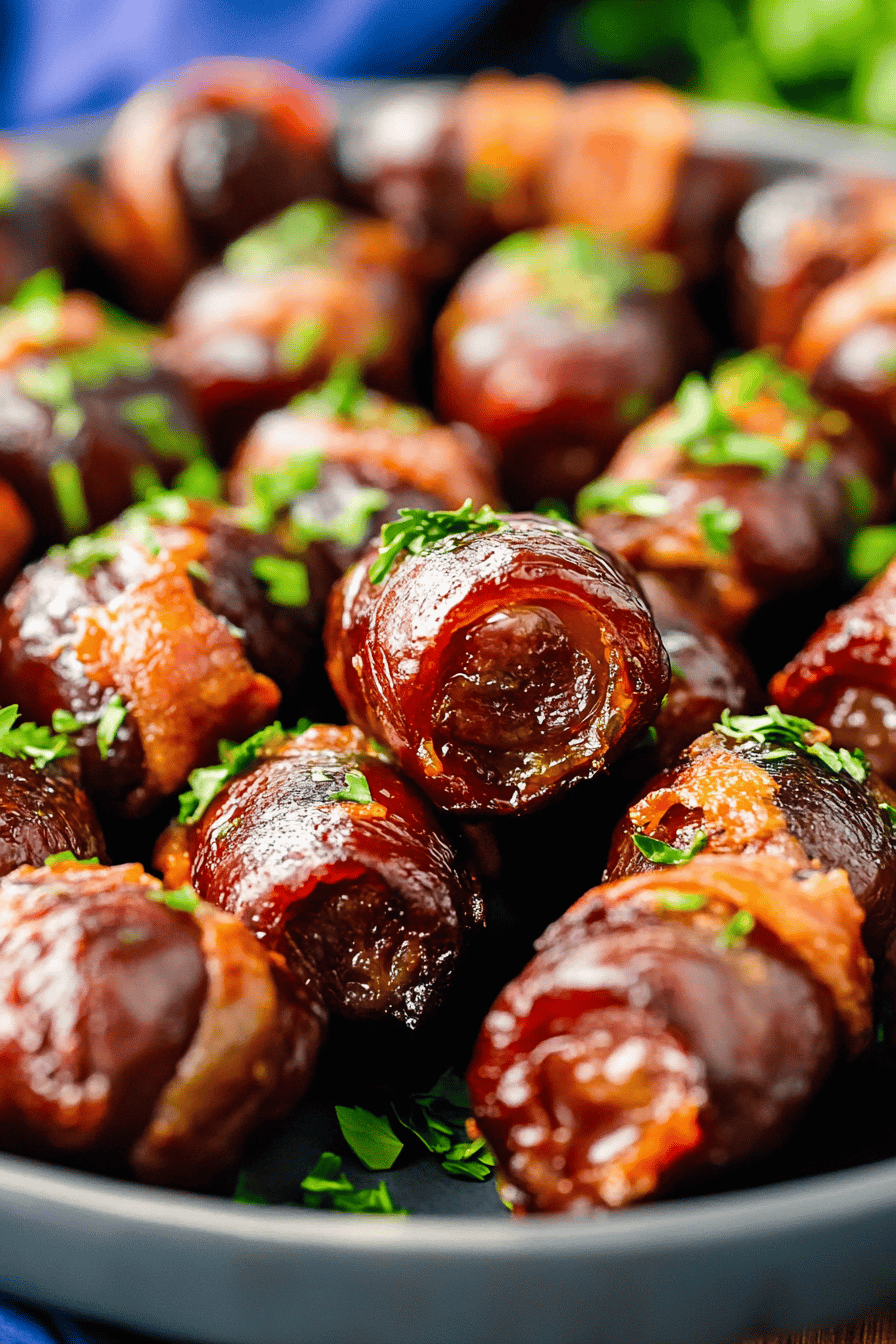 bacon wrapped dates slice on plate showing perfect texture and swirl pattern