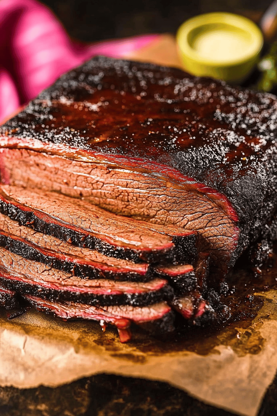 beef brisket slice on plate showing perfect texture and swirl pattern