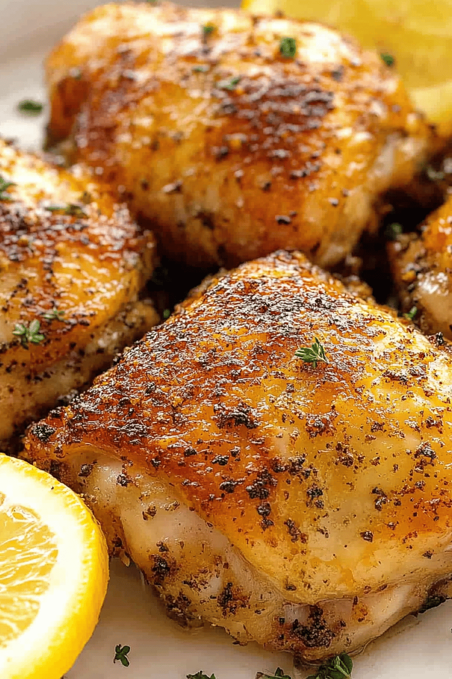 Raw chicken thighs seasoned with salt, pepper, paprika, garlic powder, and onion powder on a baking sheet